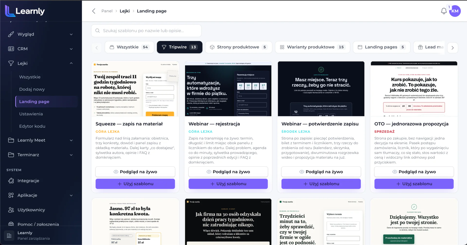 Panel Learnly: katalog szablonów landing page z filtrami i podglądem