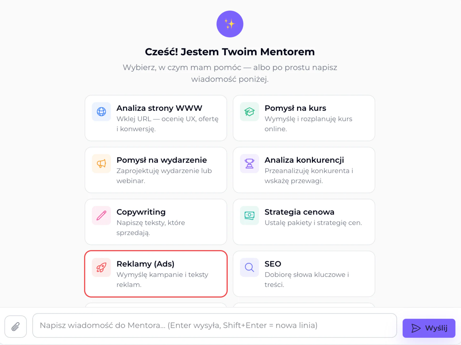 Panel Learnly: ekran startowy asystenta Twój Mentor z listą trybów pracy