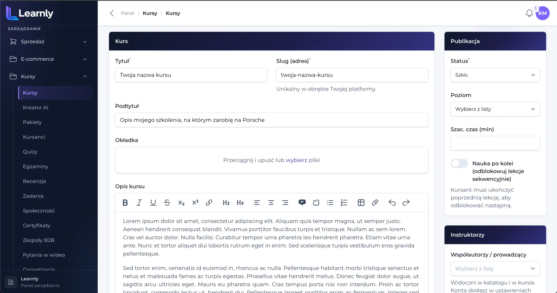 Panel Learnly: formularz kursu z tytułem, opisem, okładką i panelem publikacji