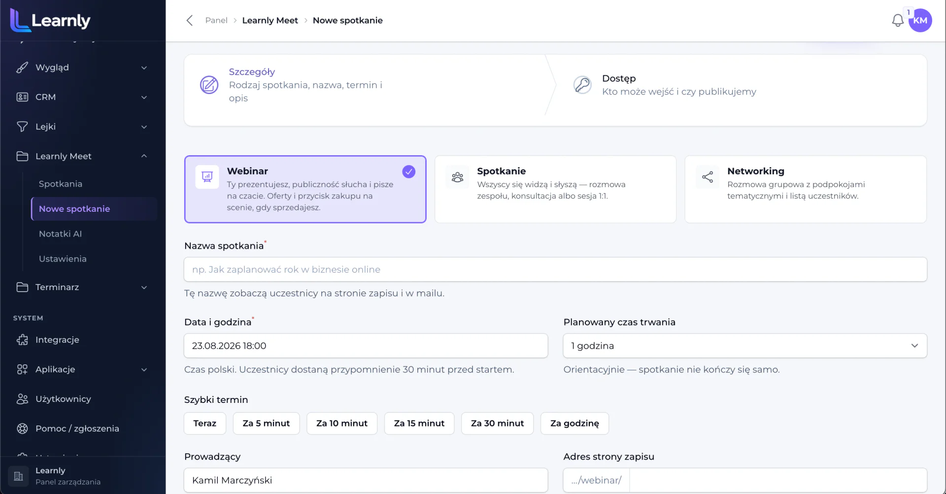 Panel Learnly: kreator nowego spotkania z wyborem trybu webinar, spotkanie lub networking